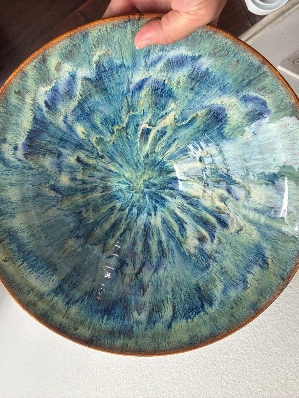 Hand-Thrown Vermont Studio Pottery Bowl – Blue & Turquoise Glaze – 12”